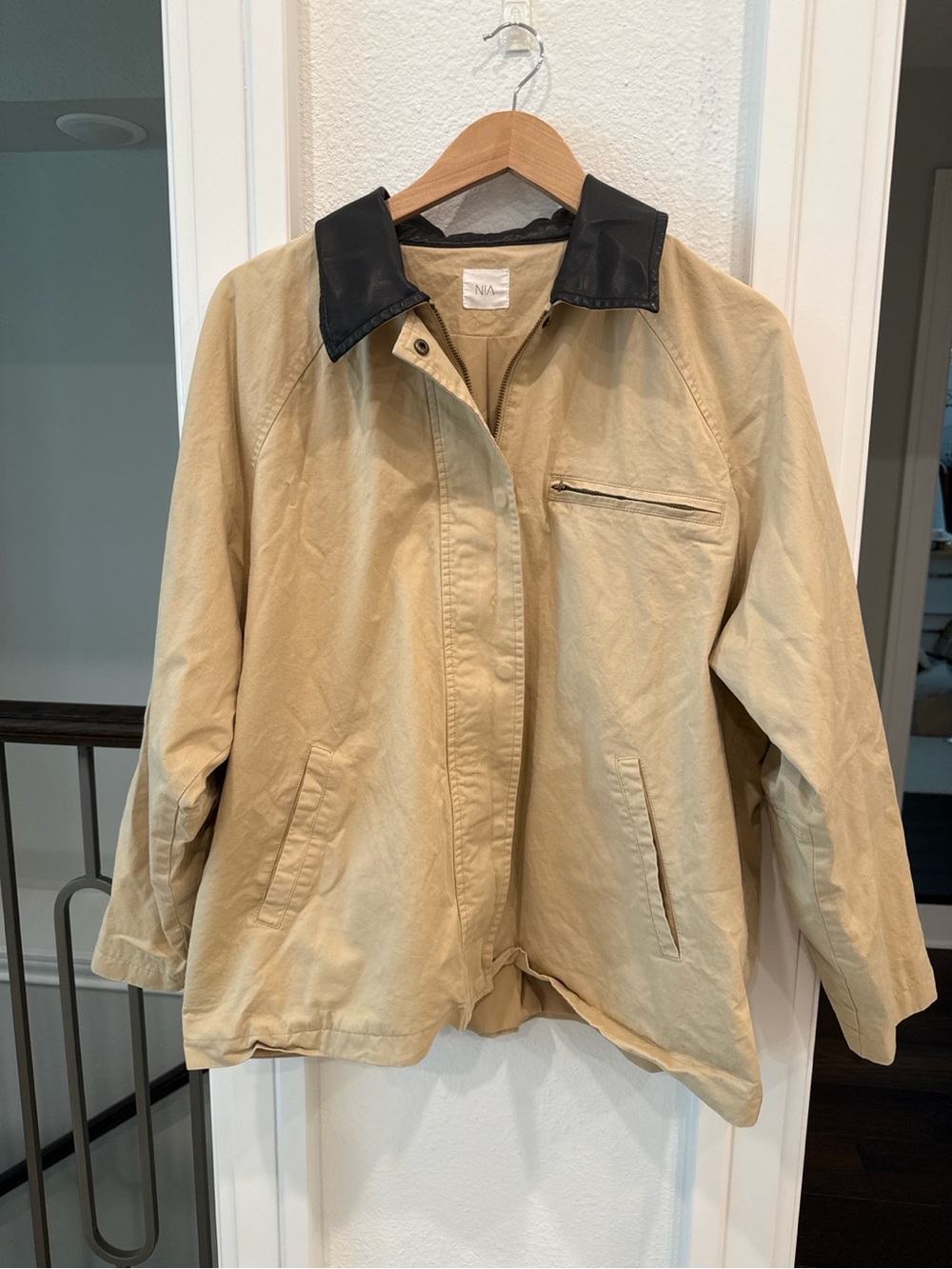 NIA Beige Utility Jacket Black Faux Leather Collar Zip Snap Medium - Picture 2 of 5